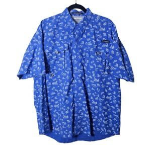 Columbia L PFG Performance Fishing Gear Shirt Blue Vented Short Sleeve‎ Nylon